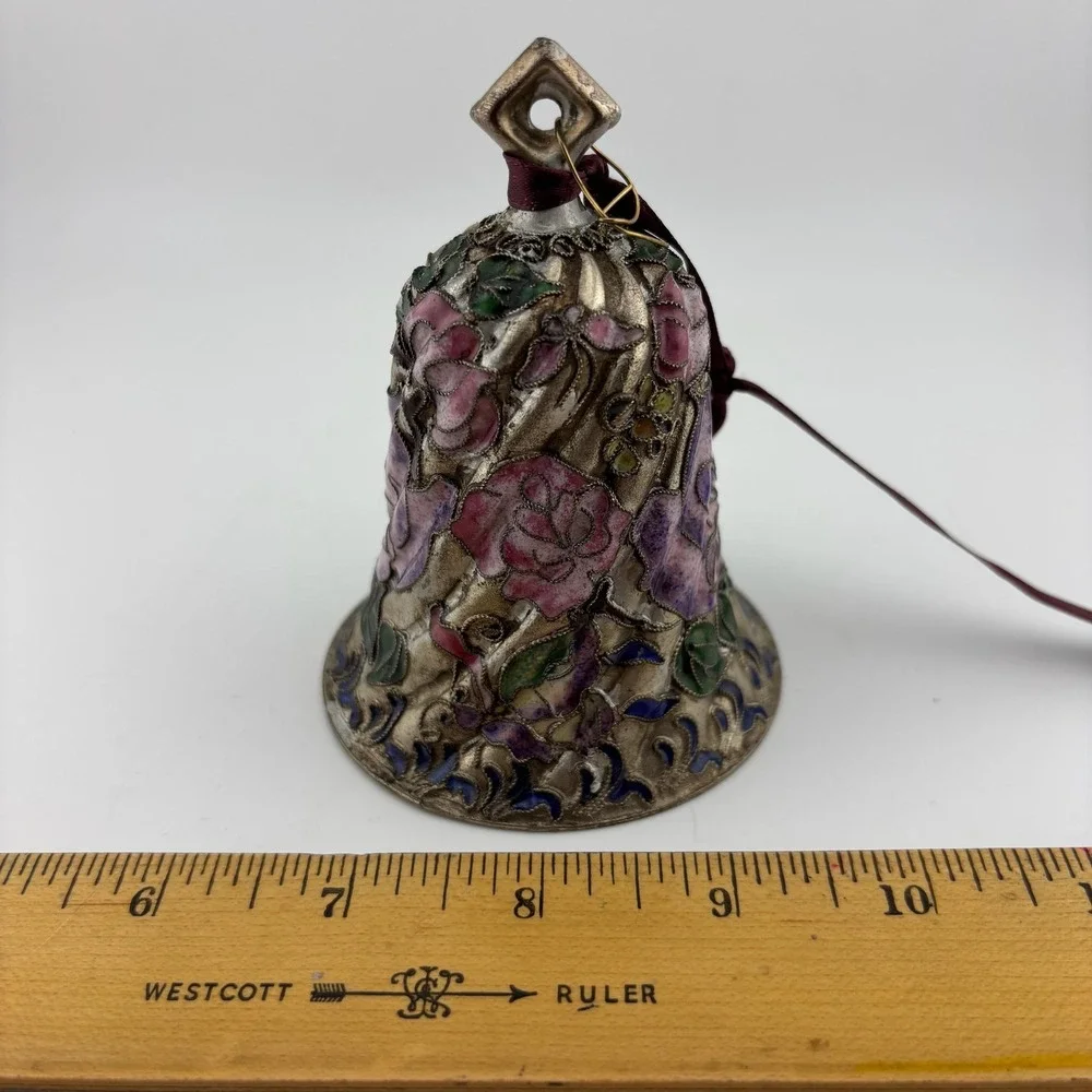 Cloisonne Floral Bell Silver Pink Excellent Rose Enamel Ornament